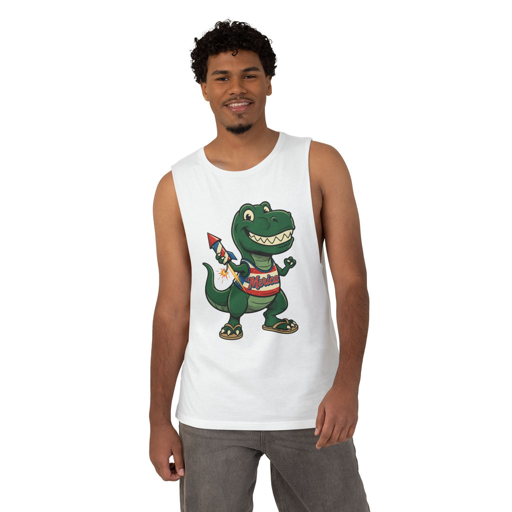 Patriotic Dino Tank Top — T-Rex Holding Firework Muscle Tee