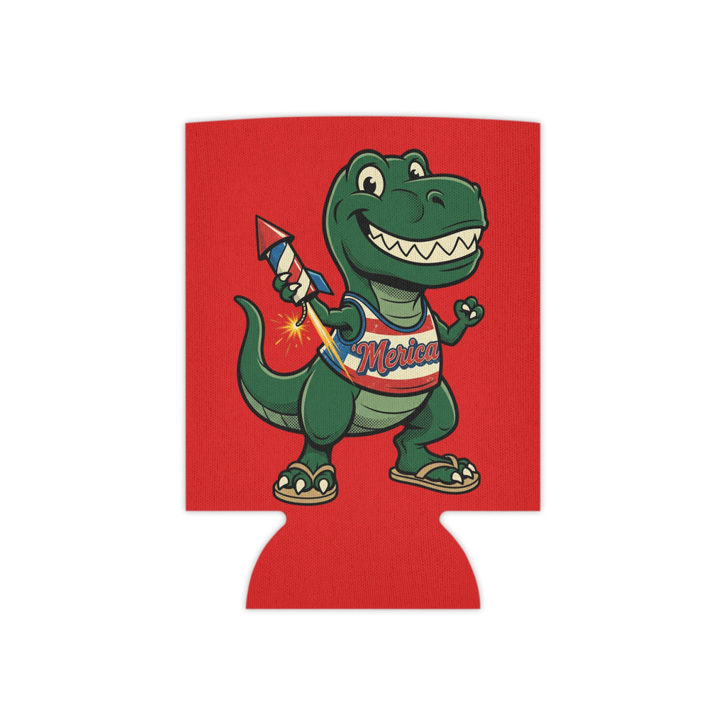 Can Cooler | Happy 4th of July Dino with Firework - Patriotic Beverage Koozie