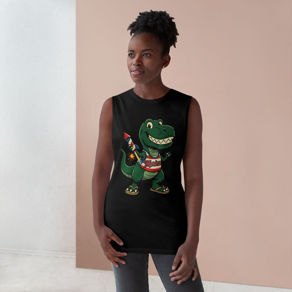 Patriotic Dino Tank Top — T-Rex Holding Firework Muscle Tee