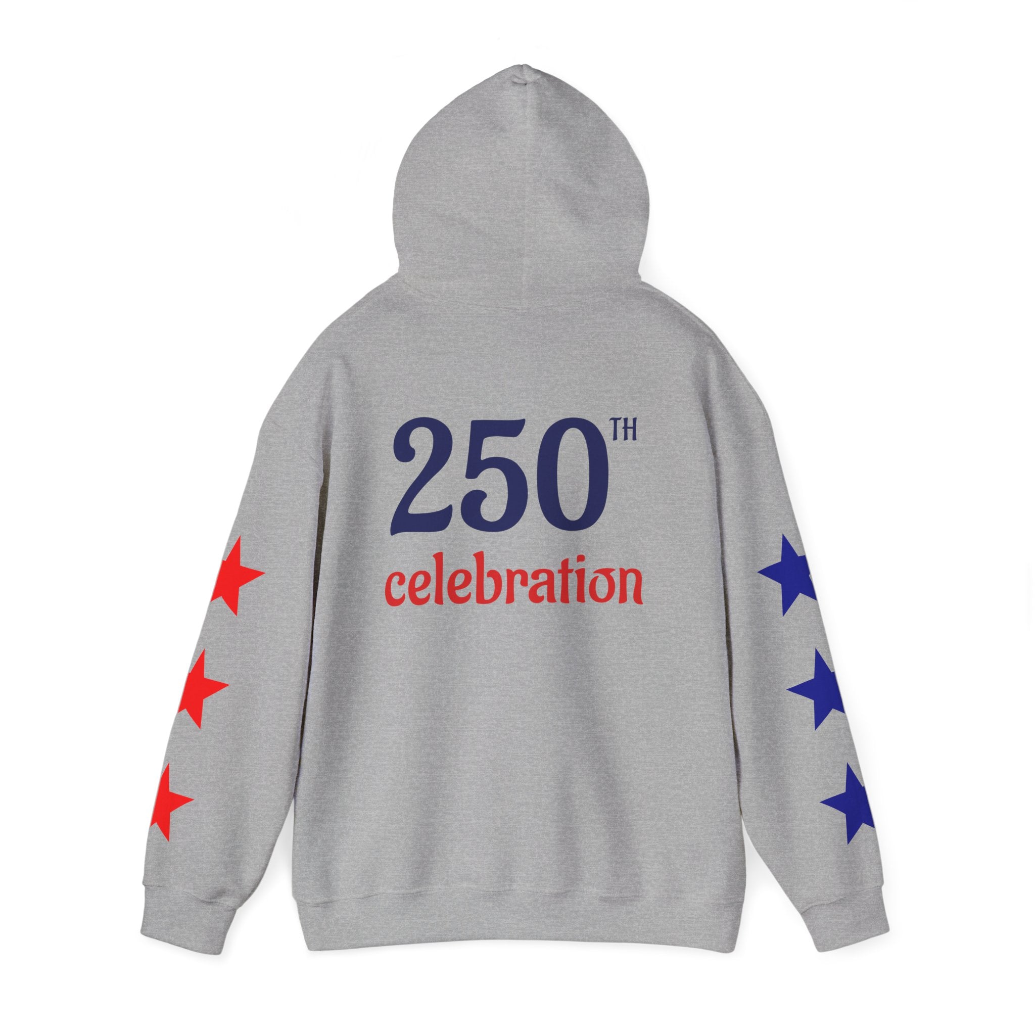 America 250 Celebration Hoodie — Patriotic Red & Blue Star Sleeve Sweatshirt