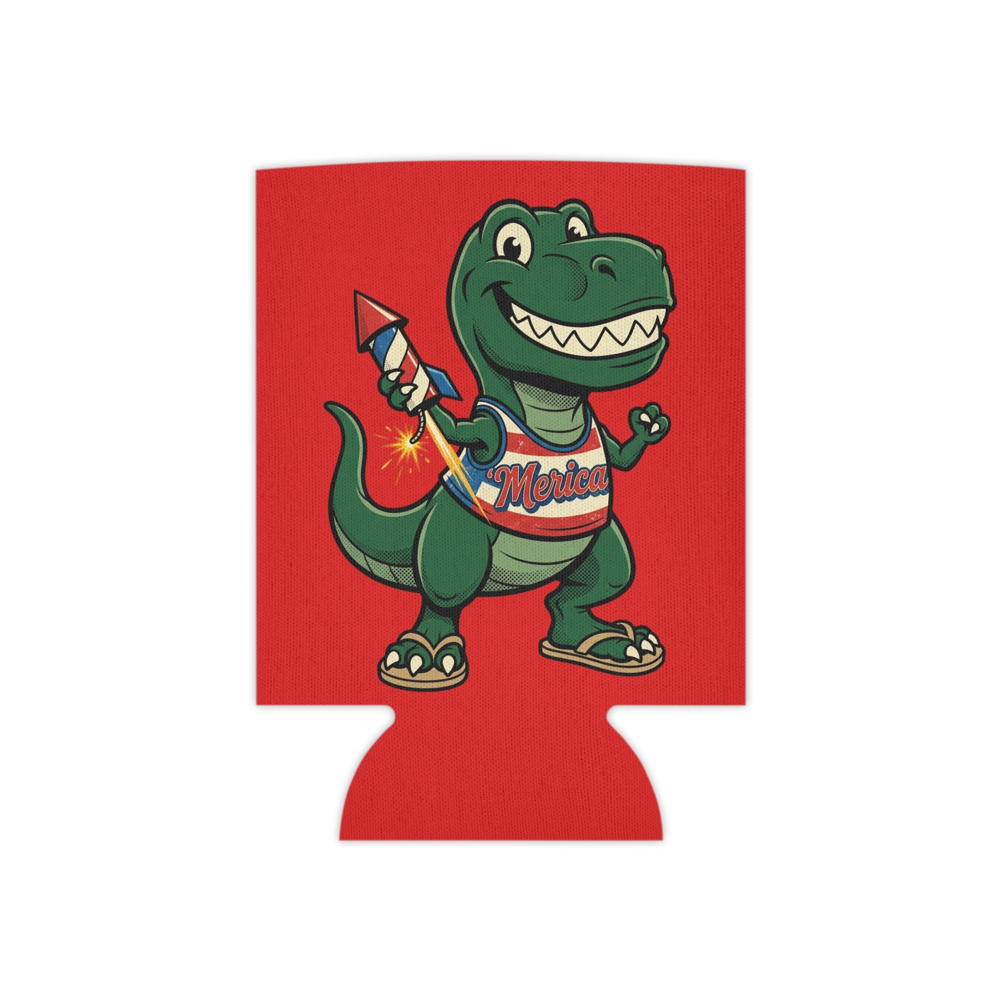 Can Cooler | Happy 4th of July Dino with Firework - Patriotic Beverage Koozie