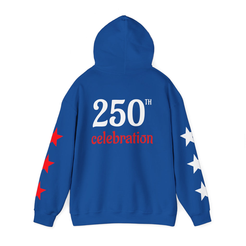 America 250 Celebration Hoodie — Patriotic Red & Blue Star Sleeve Sweatshirt