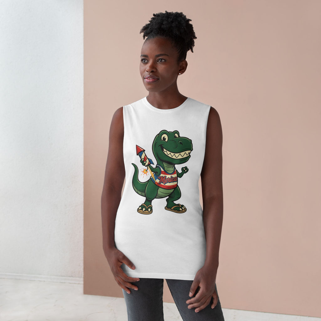 Patriotic Dino Tank Top — T-Rex Holding Firework Muscle Tee