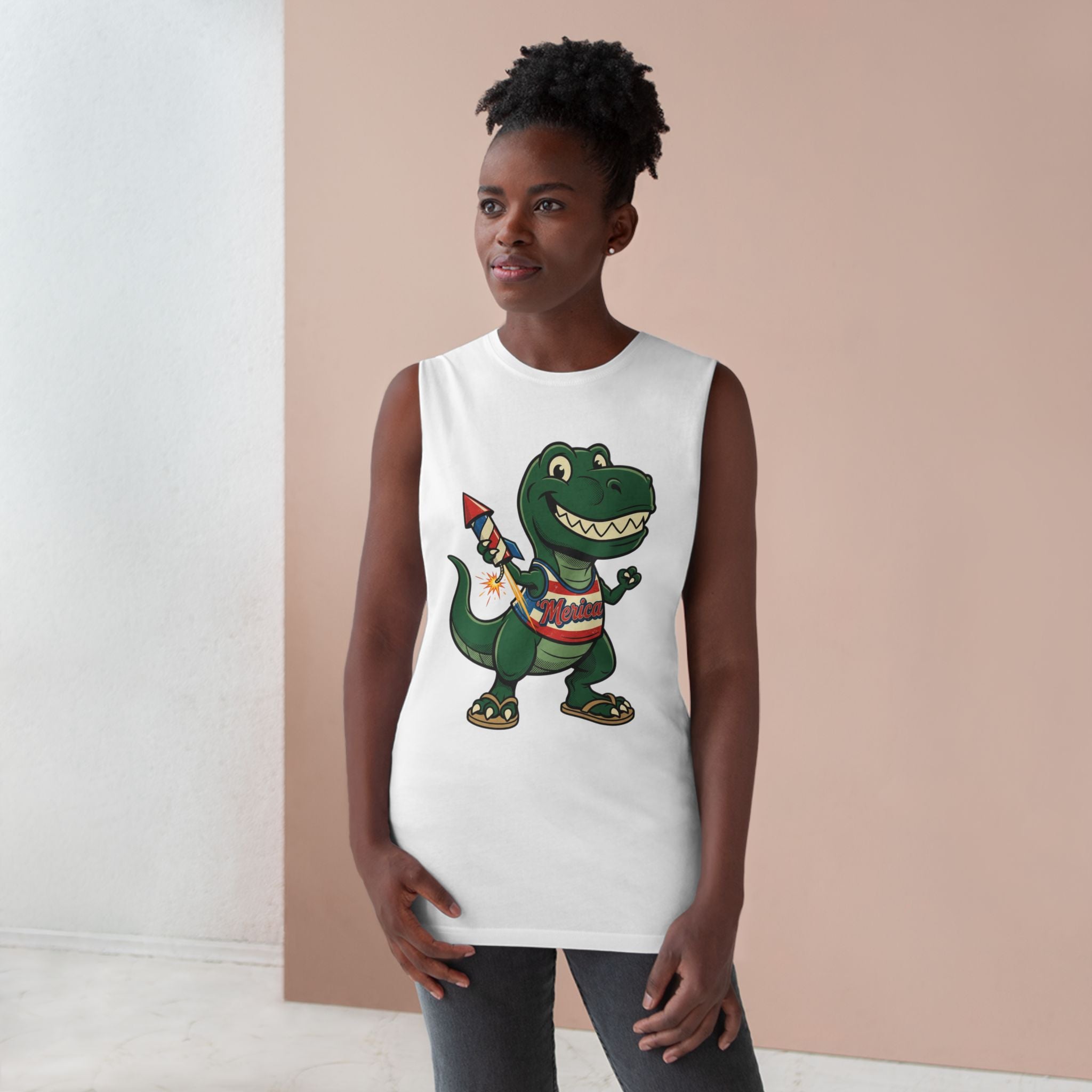 Patriotic Dino Tank Top — T-Rex Holding Firework Muscle Tee