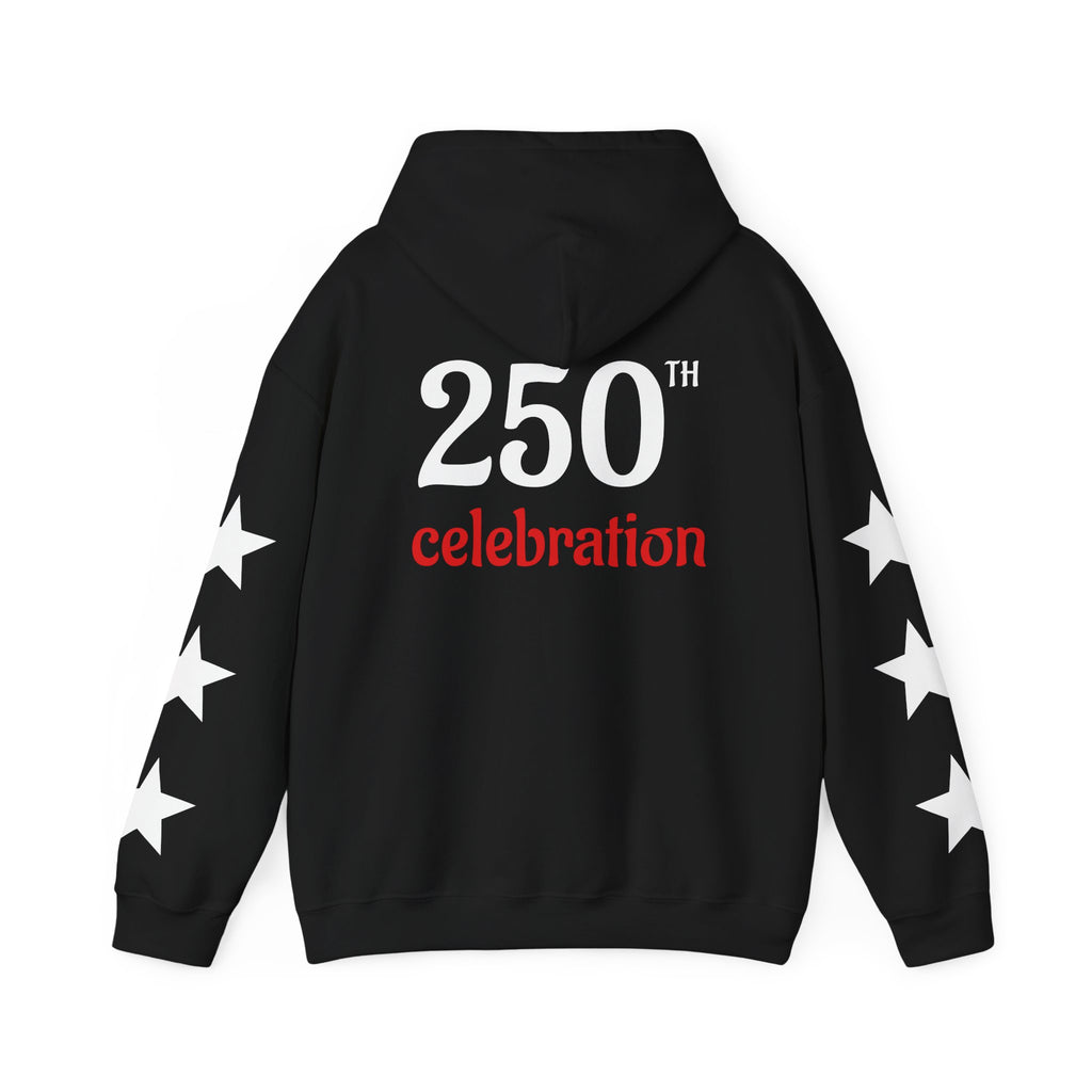 America 250 Celebration Hoodie — Patriotic Red & Blue Star Sleeve Sweatshirt