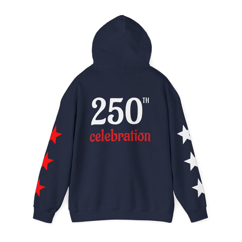 America 250 Celebration Hoodie — Patriotic Red & Blue Star Sleeve Sweatshirt