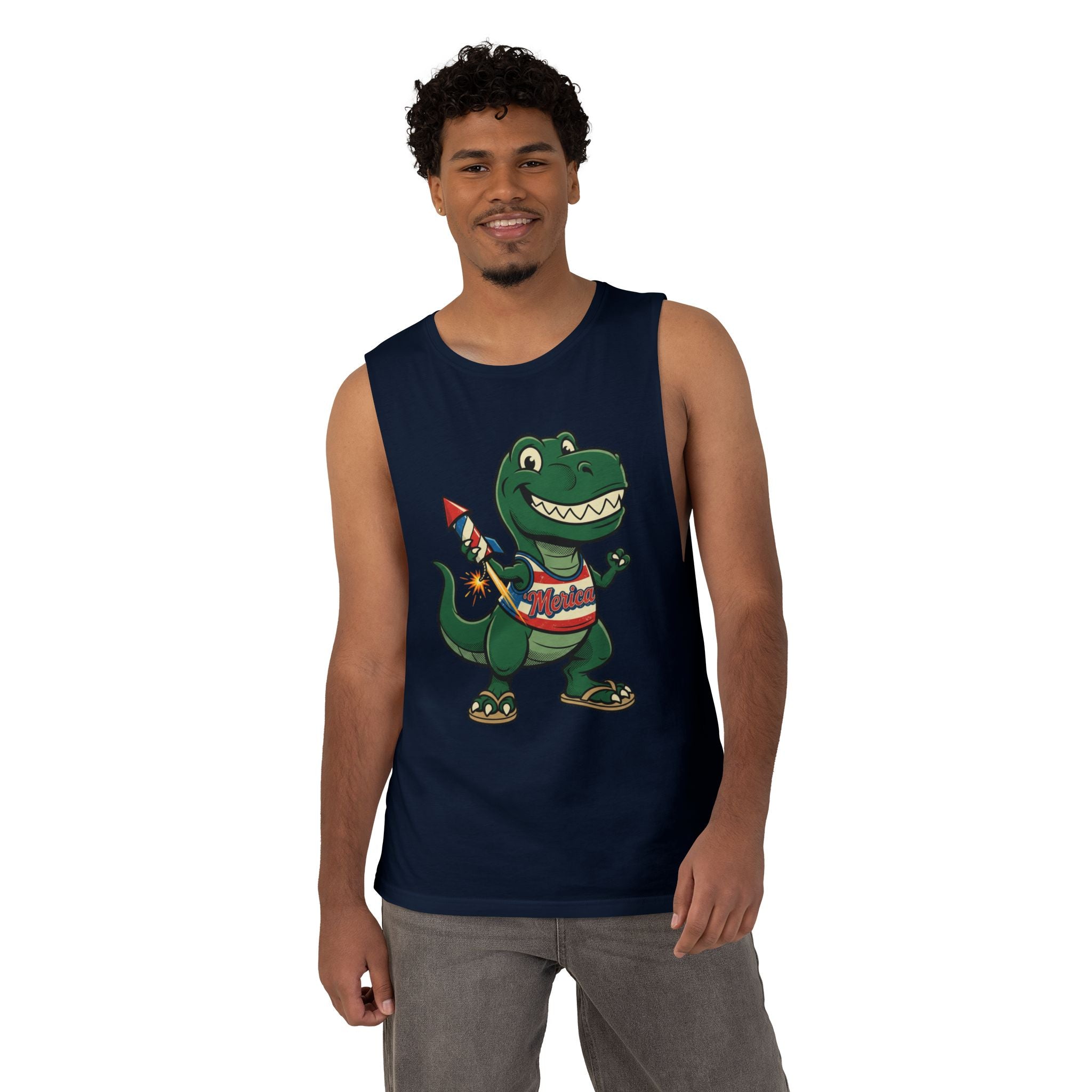 Patriotic Dino Tank Top — T-Rex Holding Firework Muscle Tee