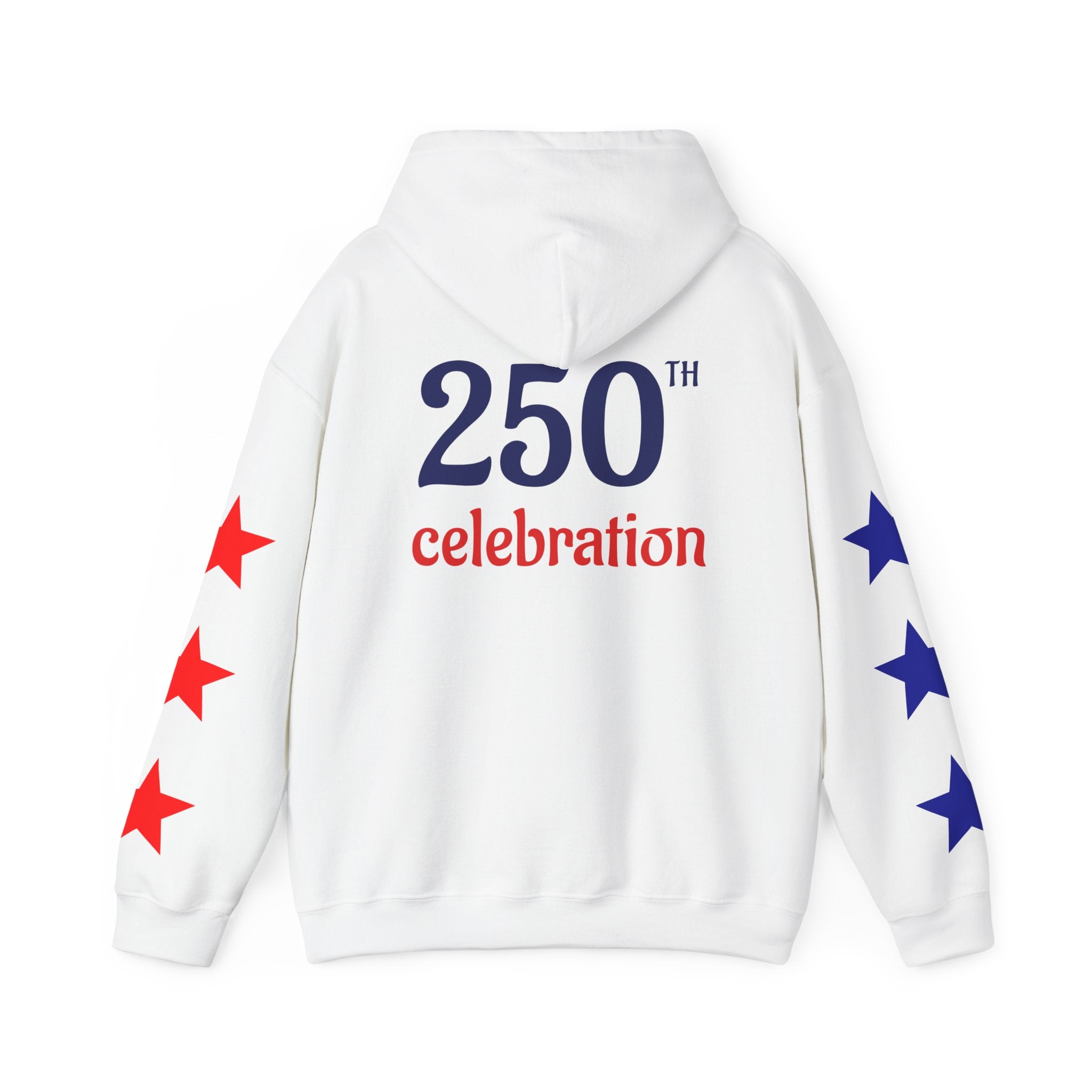 America 250 Celebration Hoodie — Patriotic Red & Blue Star Sleeve Sweatshirt