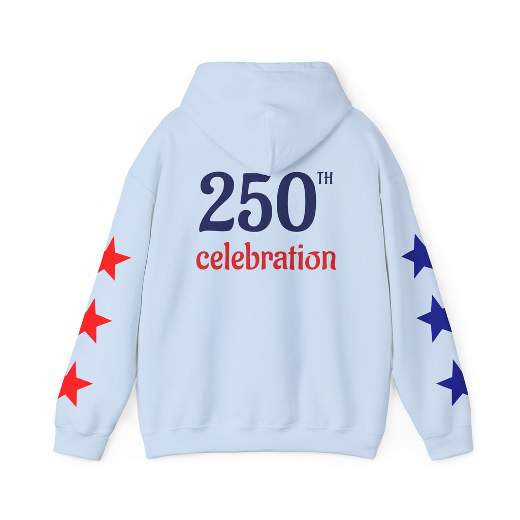 America 250 Celebration Hoodie — Patriotic Red & Blue Star Sleeve Sweatshirt