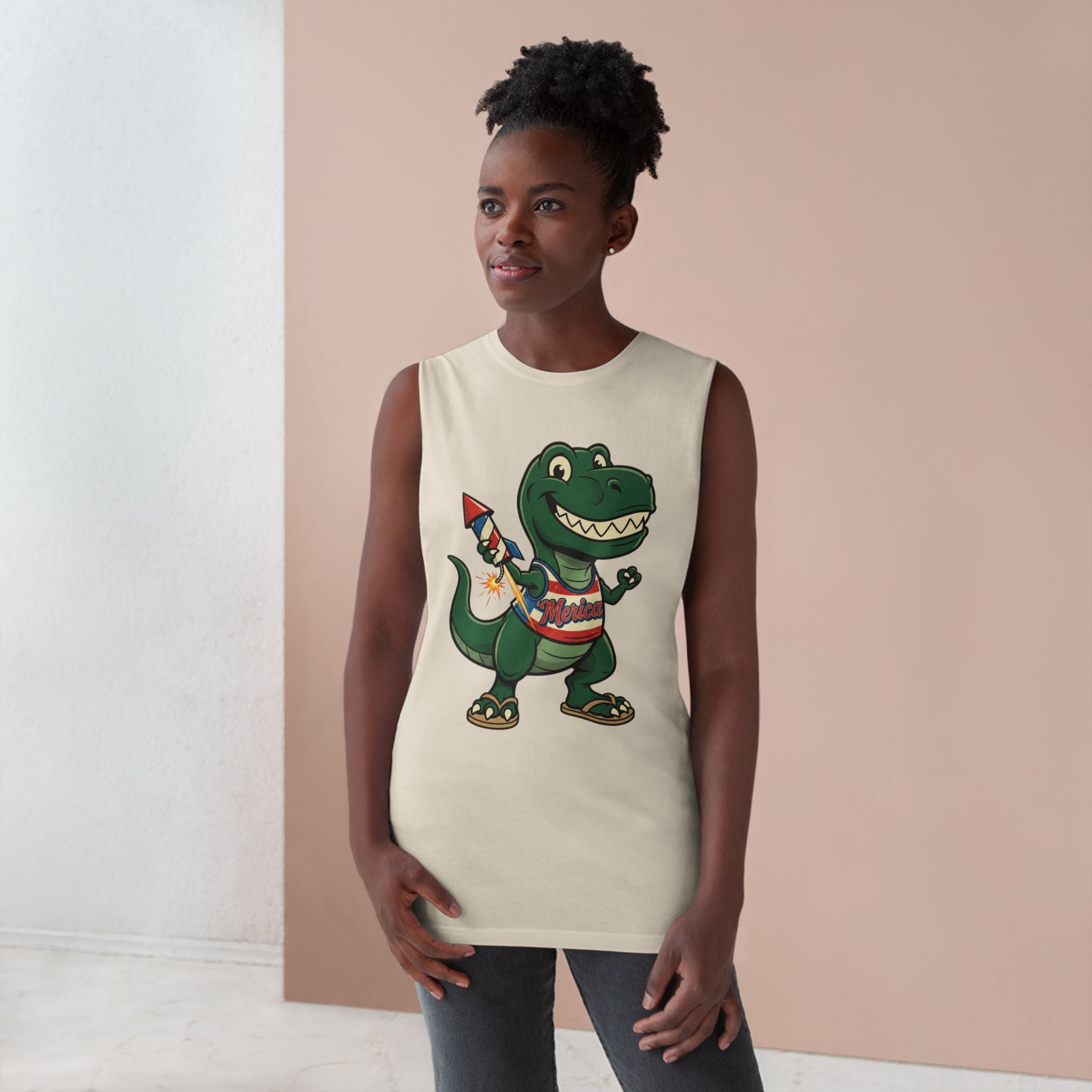 Patriotic Dino Tank Top — T-Rex Holding Firework Muscle Tee
