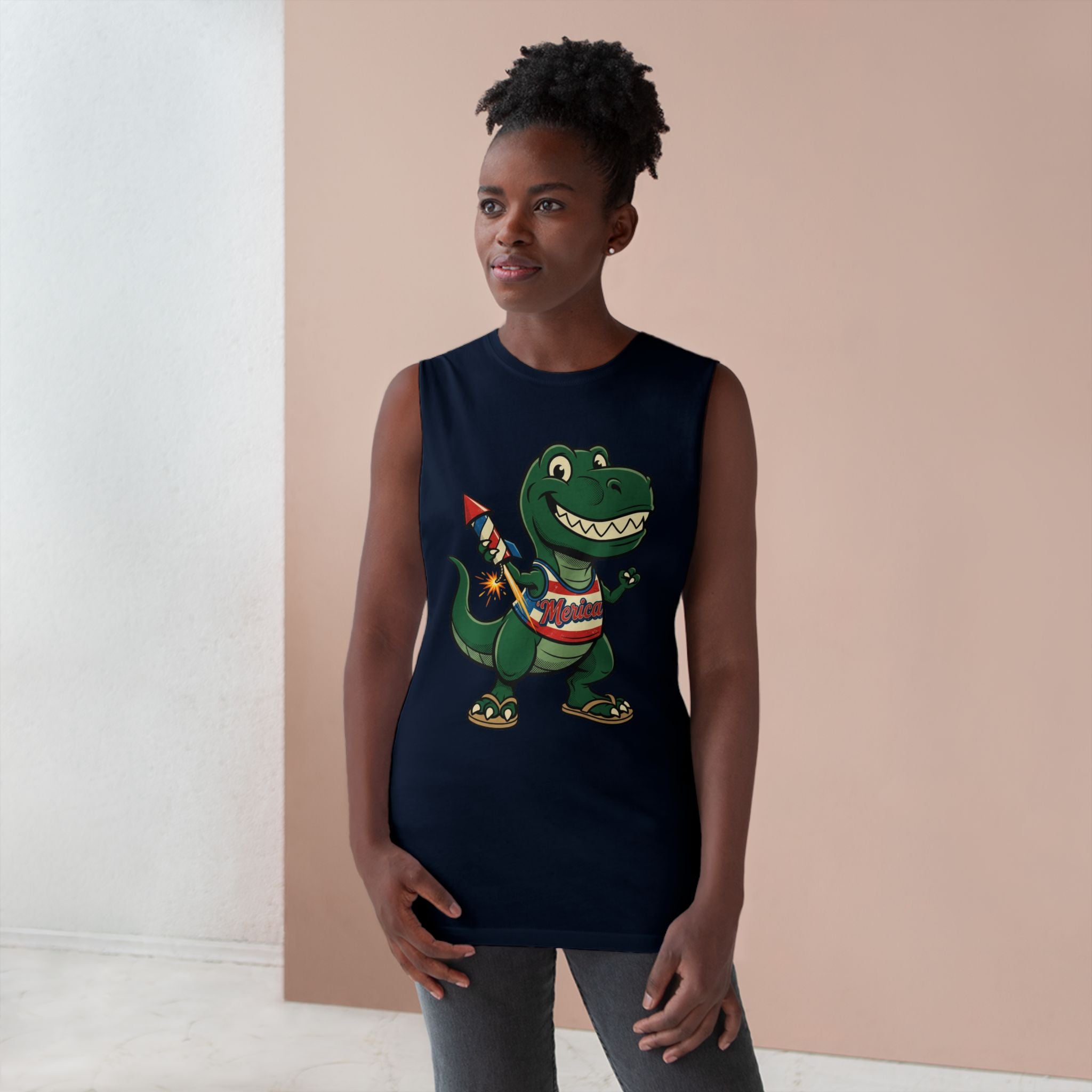 Patriotic Dino Tank Top — T-Rex Holding Firework Muscle Tee