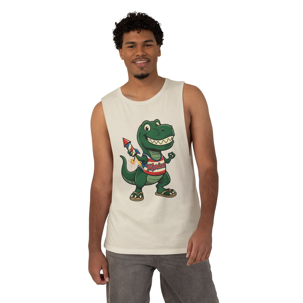 Patriotic Dino Tank Top — T-Rex Holding Firework Muscle Tee