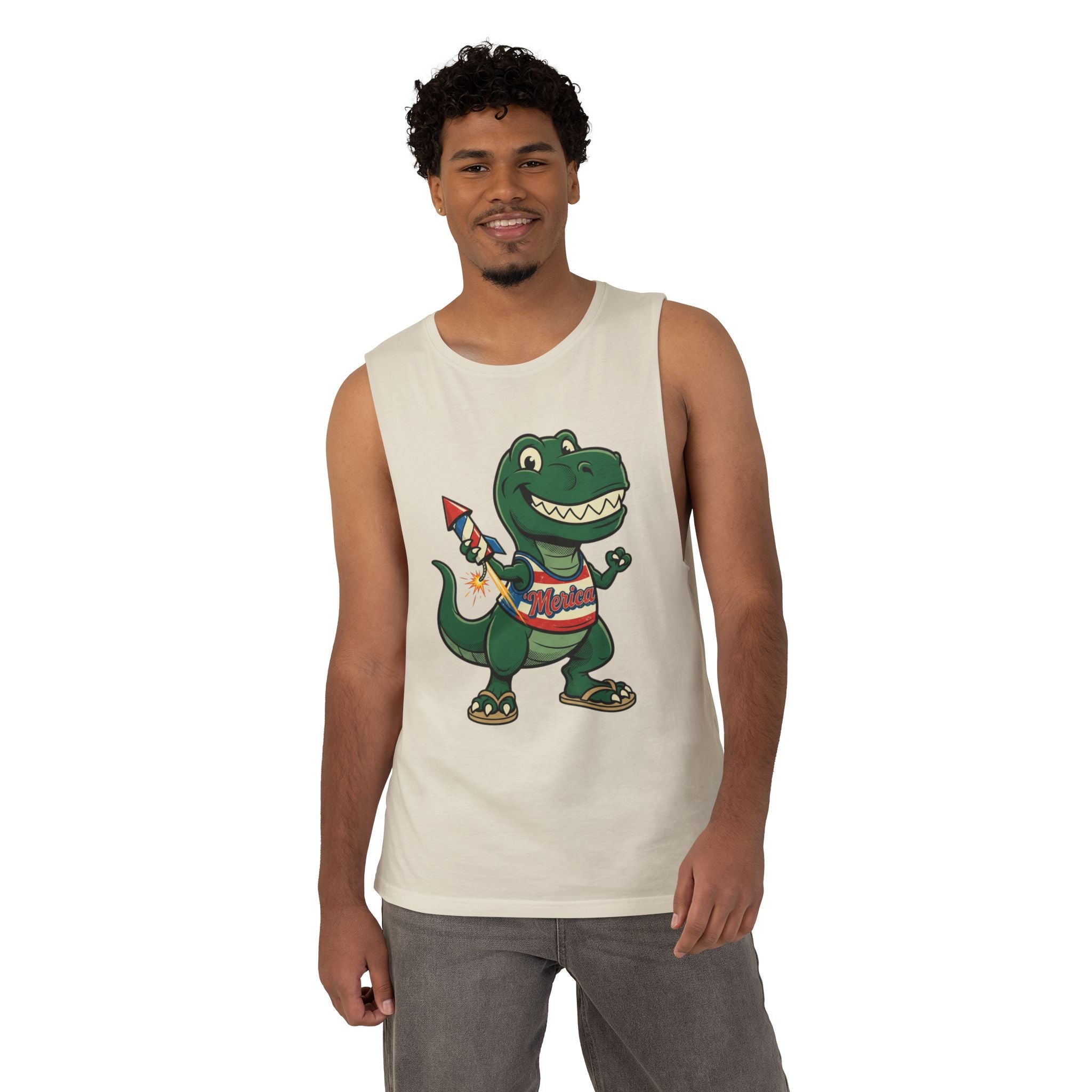 Patriotic Dino Tank Top — T-Rex Holding Firework Muscle Tee