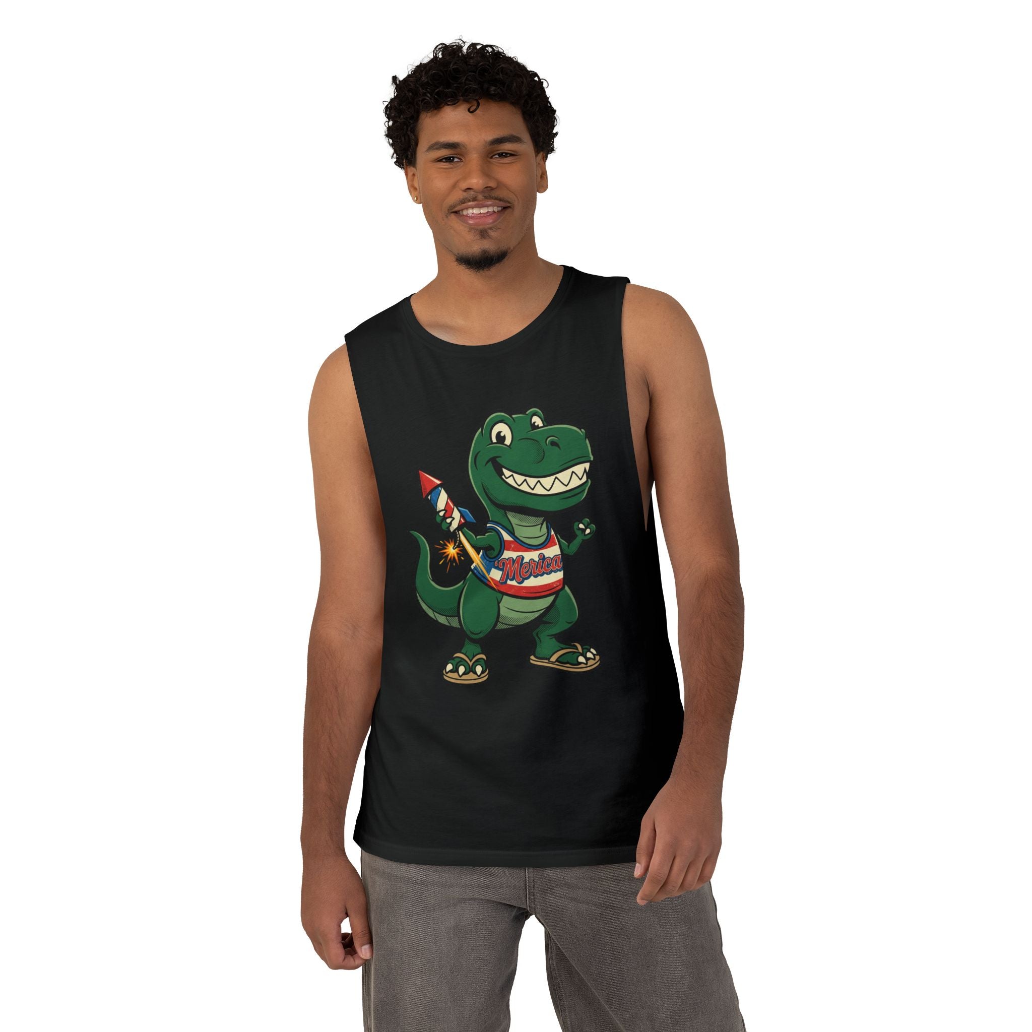 Patriotic Dino Tank Top — T-Rex Holding Firework Muscle Tee