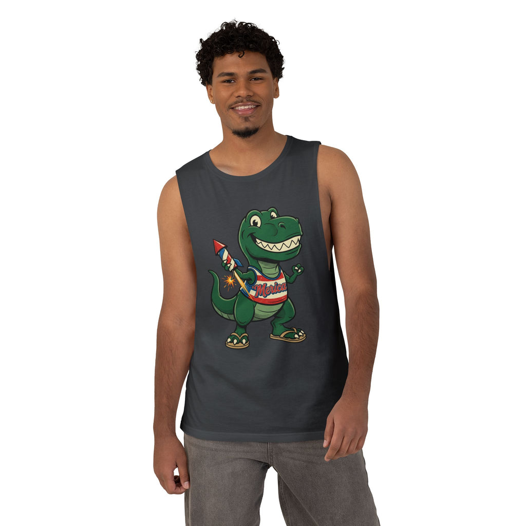 Patriotic Dino Tank Top — T-Rex Holding Firework Muscle Tee