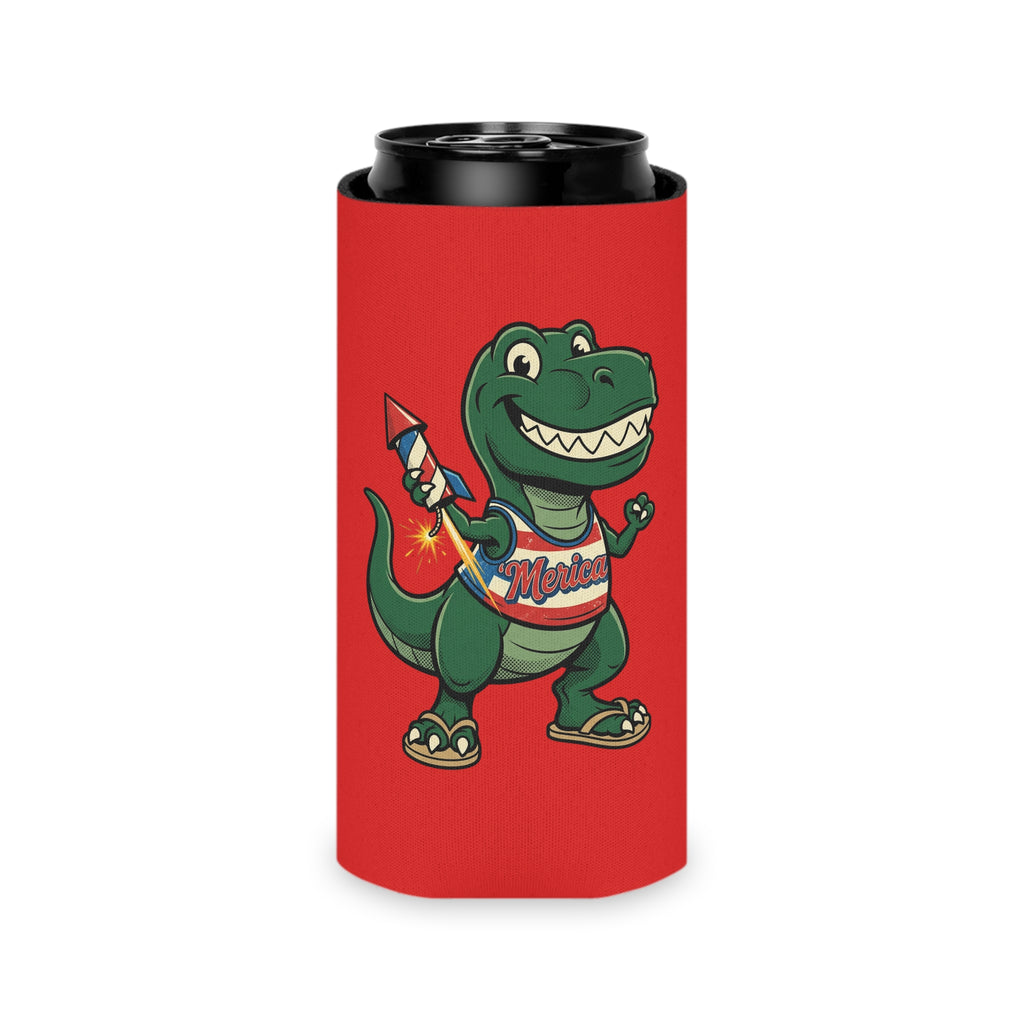 Can Cooler | Happy 4th of July Dino with Firework - Patriotic Beverage Koozie