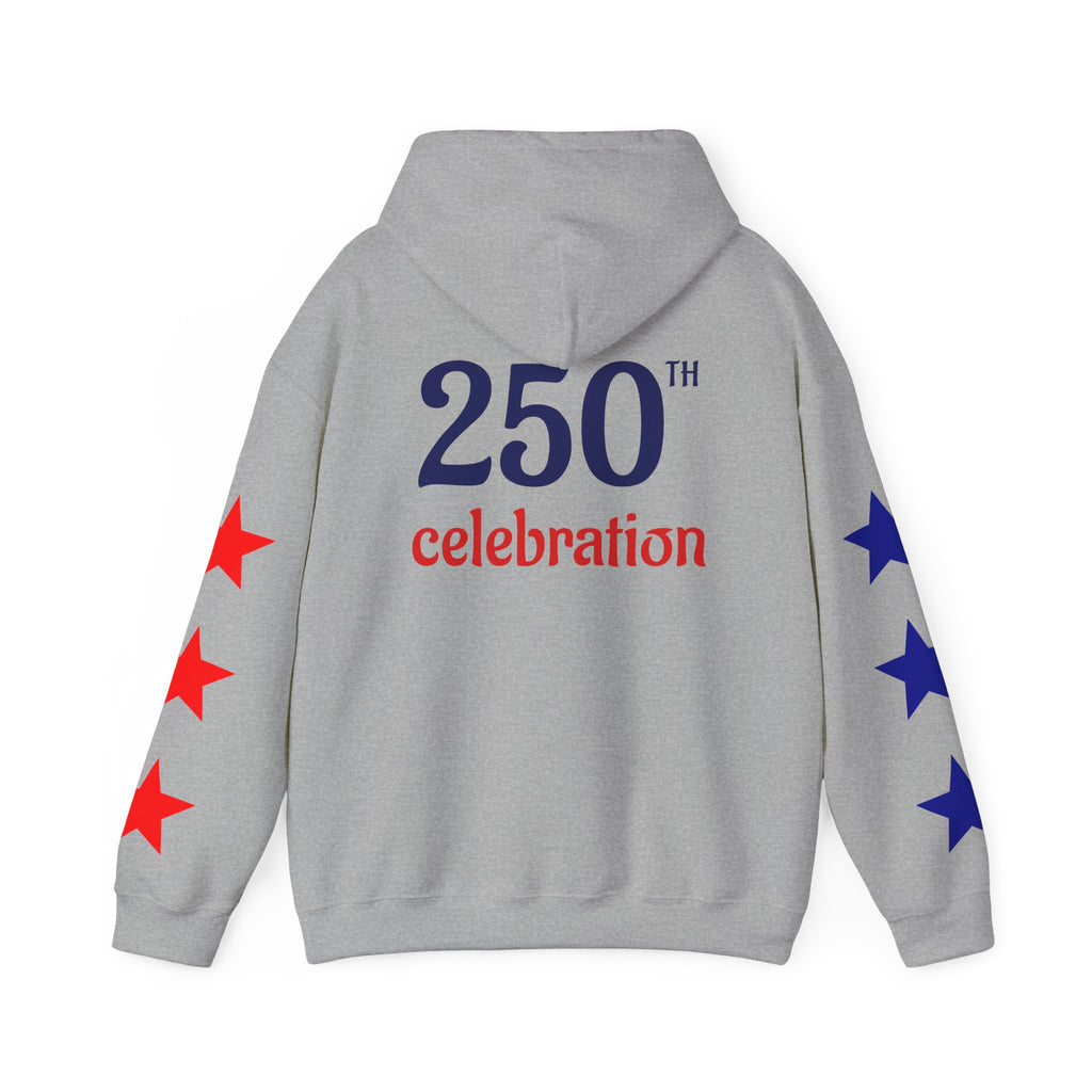 America 250 Celebration Hoodie — Patriotic Red & Blue Star Sleeve Sweatshirt