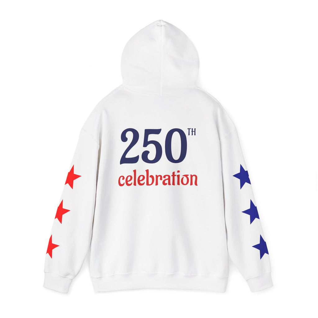 America 250 Celebration Hoodie — Patriotic Red & Blue Star Sleeve Sweatshirt