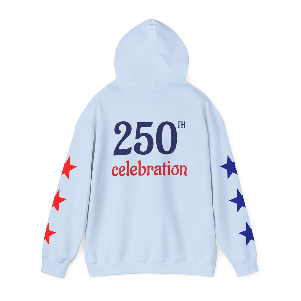 America 250 Celebration Hoodie — Patriotic Red & Blue Star Sleeve Sweatshirt