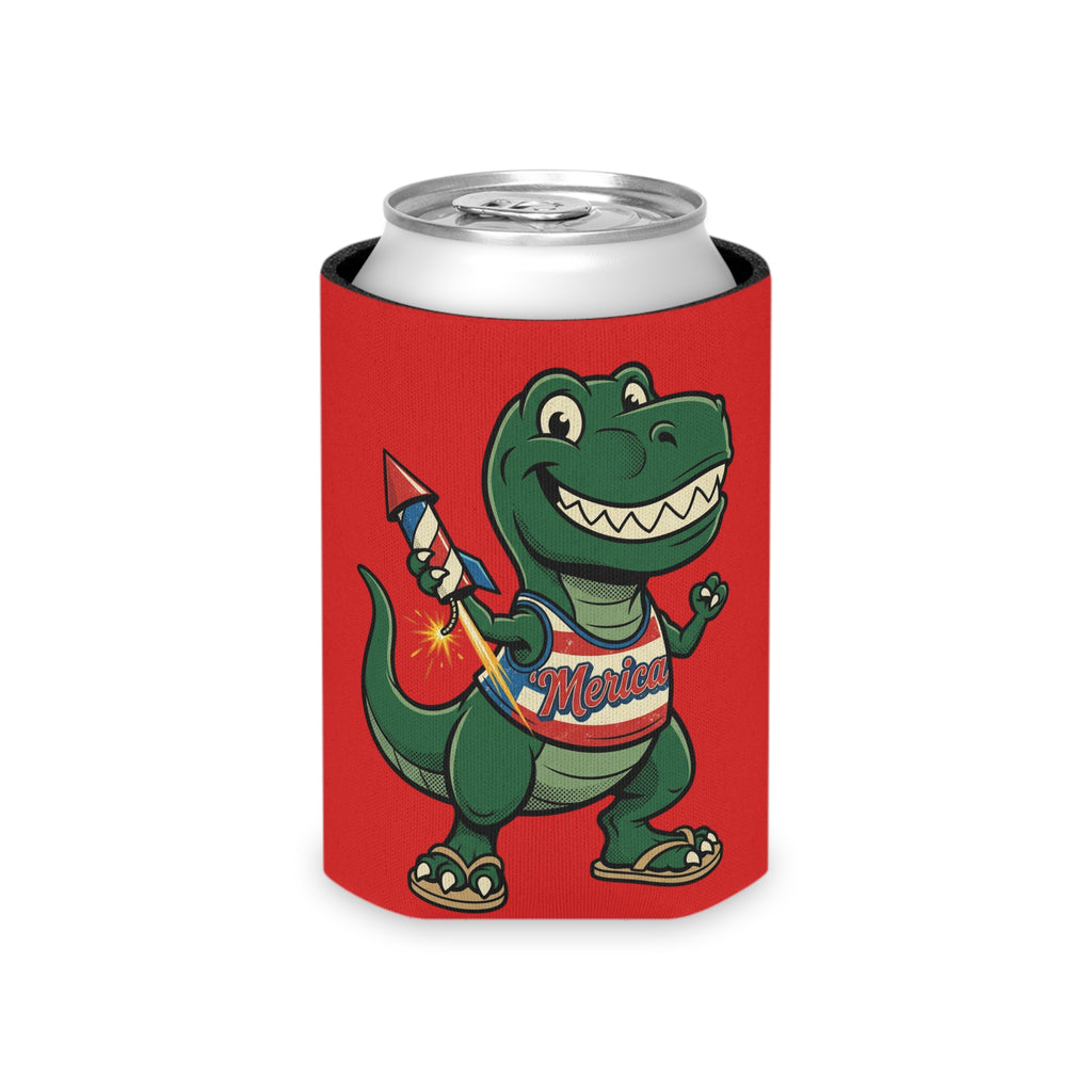 Can Cooler | Happy 4th of July Dino with Firework - Patriotic Beverage Koozie
