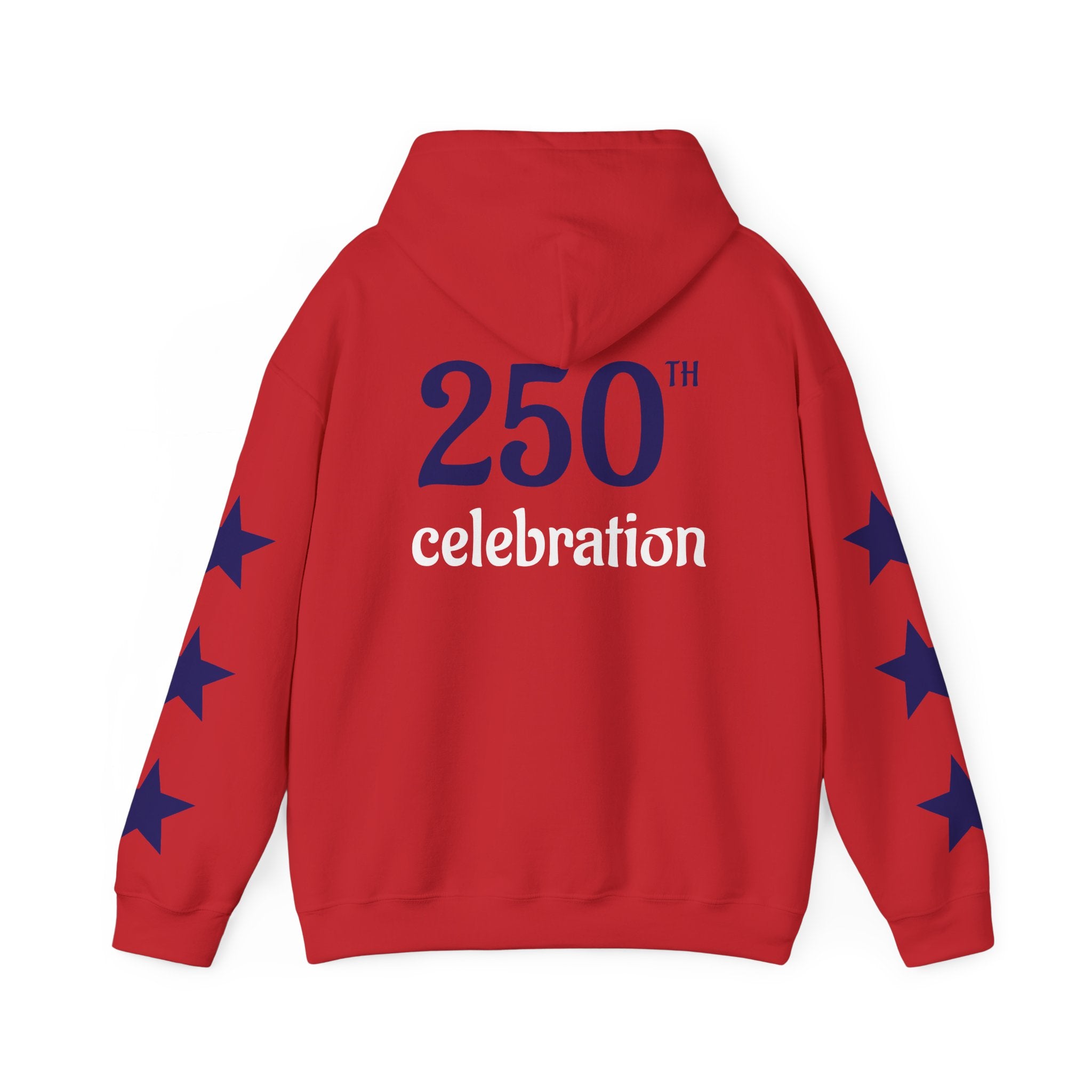 America 250 Celebration Hoodie — Patriotic Red & Blue Star Sleeve Sweatshirt