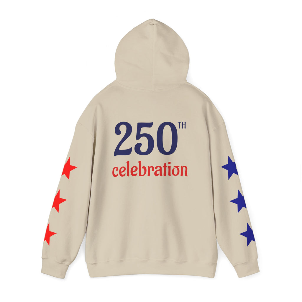 America 250 Celebration Hoodie — Patriotic Red & Blue Star Sleeve Sweatshirt