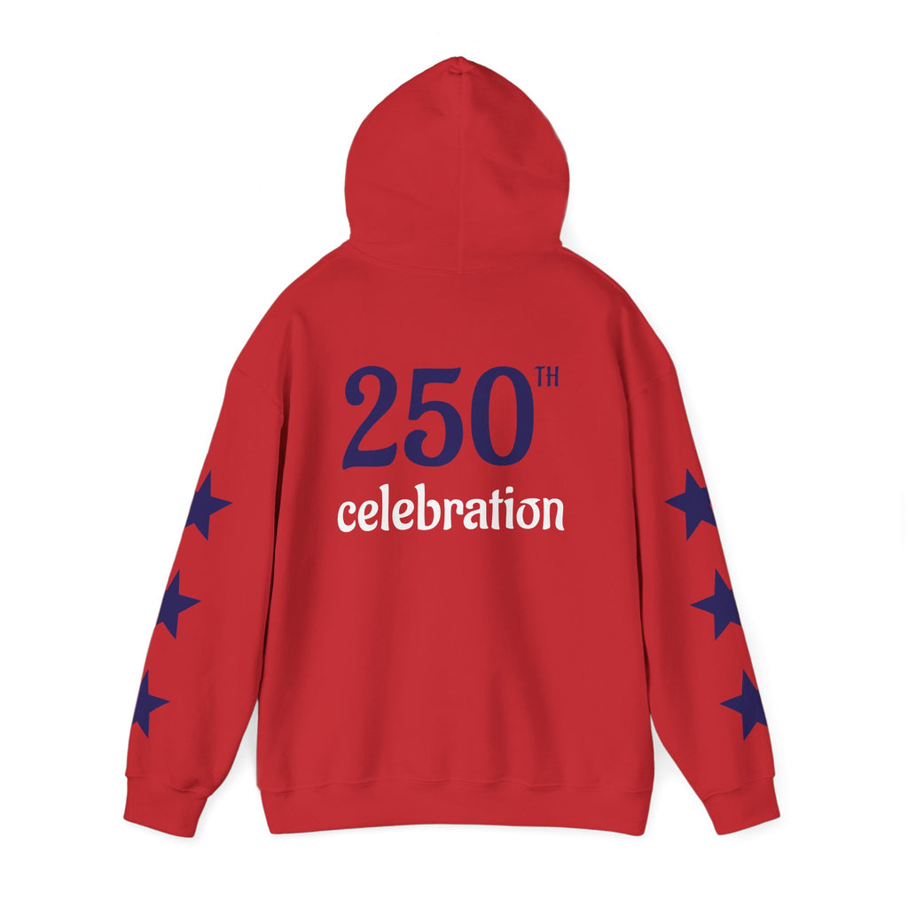 America 250 Celebration Hoodie — Patriotic Red & Blue Star Sleeve Sweatshirt