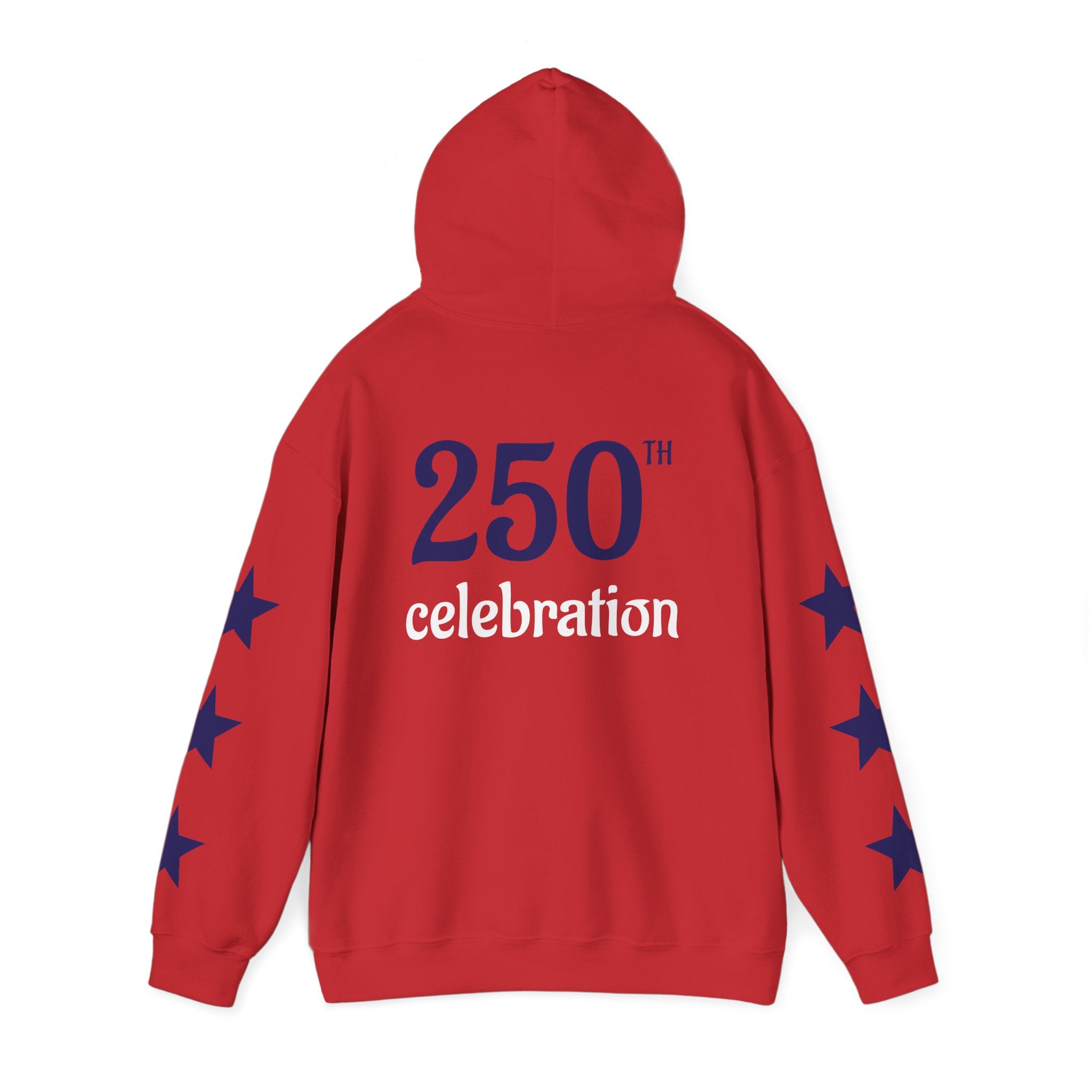 America 250 Celebration Hoodie — Patriotic Red & Blue Star Sleeve Sweatshirt