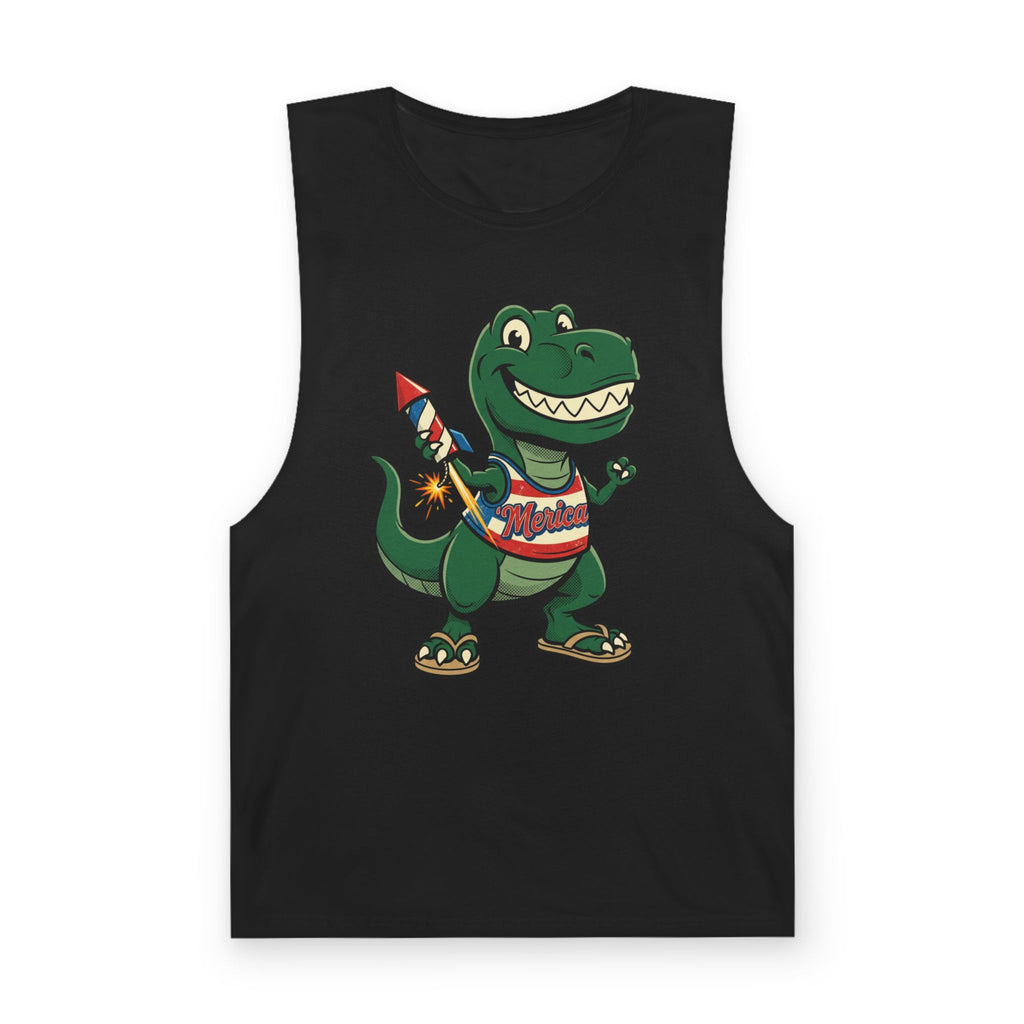 Patriotic Dino Tank Top — T-Rex Holding Firework Muscle Tee