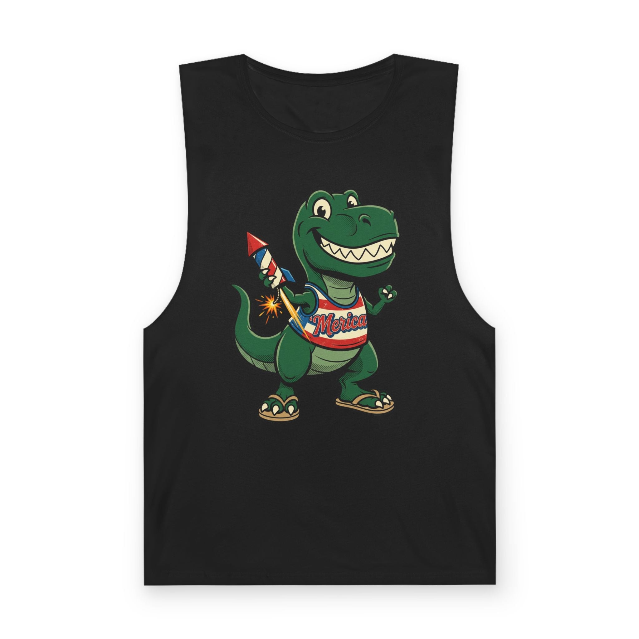 Patriotic Dino Tank Top — T-Rex Holding Firework Muscle Tee