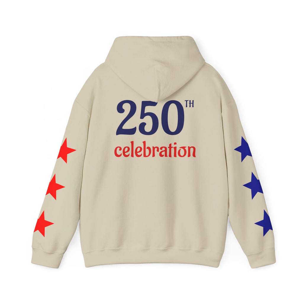 America 250 Celebration Hoodie — Patriotic Red & Blue Star Sleeve Sweatshirt