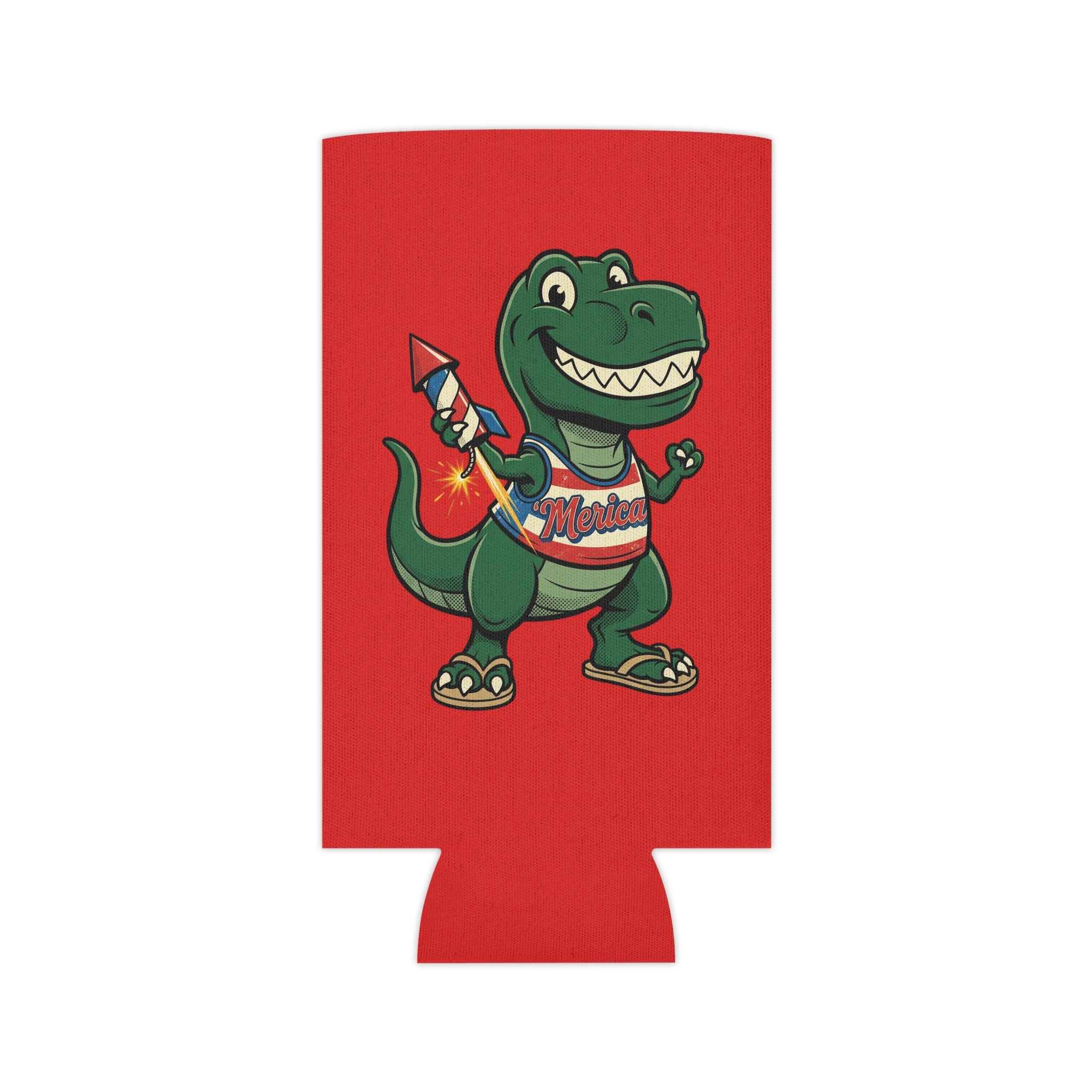 Can Cooler | Happy 4th of July Dino with Firework - Patriotic Beverage Koozie