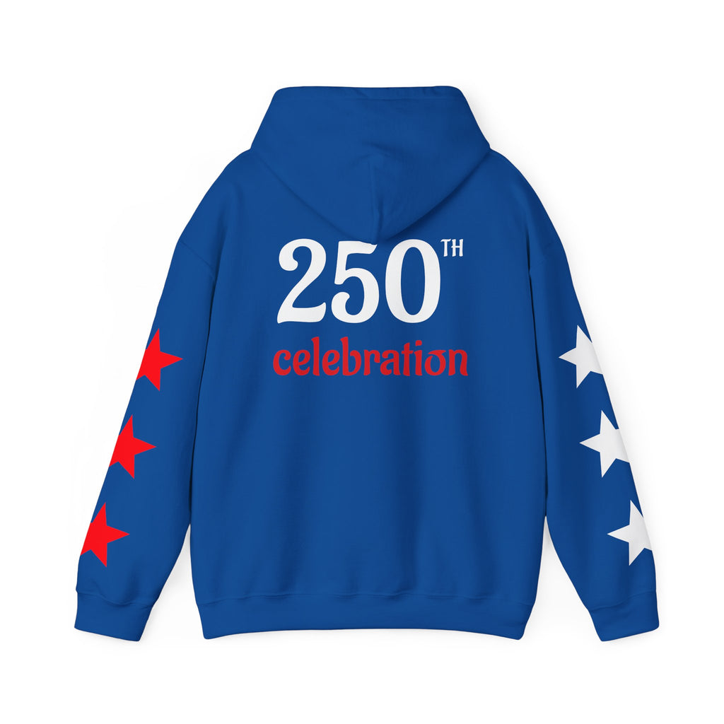 America 250 Celebration Hoodie — Patriotic Red & Blue Star Sleeve Sweatshirt