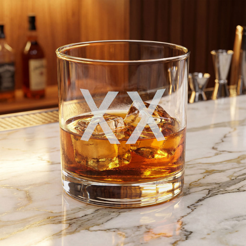 Engraved Whiskey Glass 10.5 oz — Personalized Double-X Rocks Tumbler