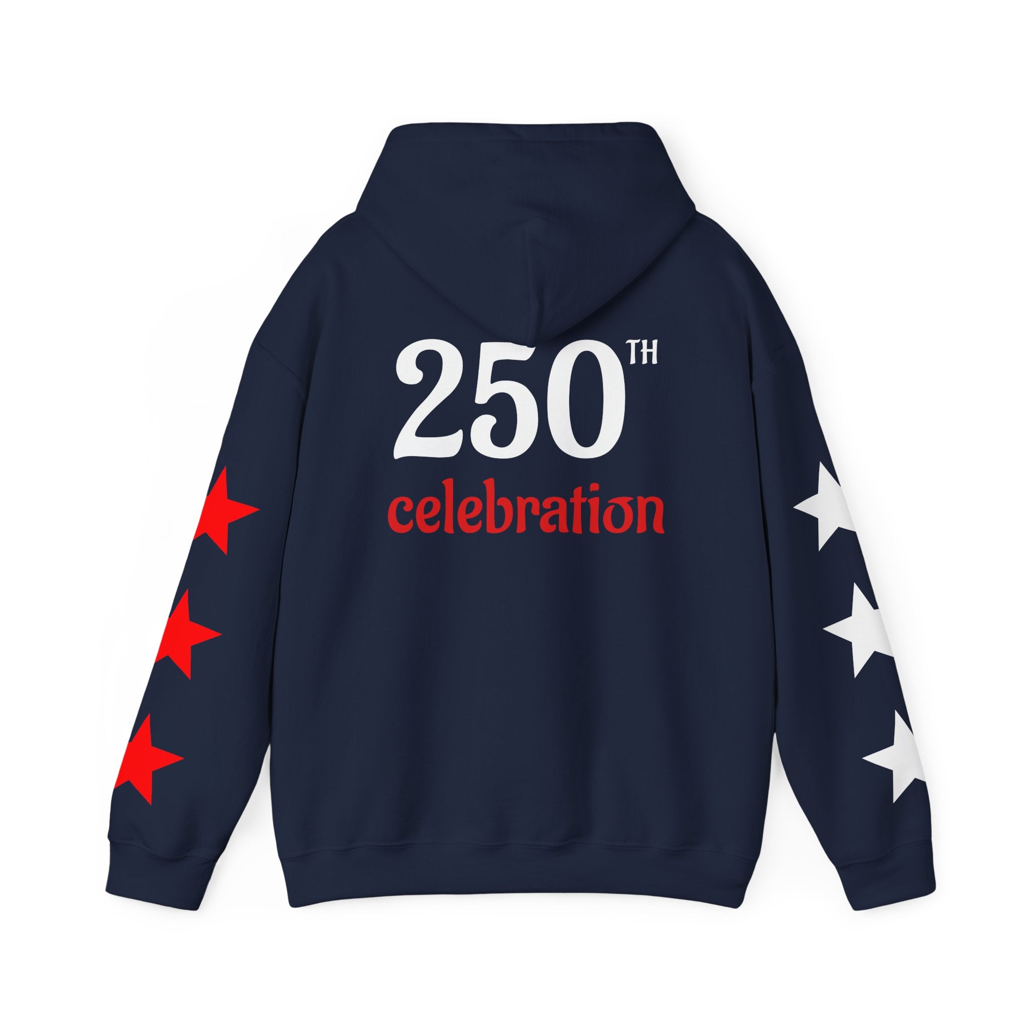 America 250 Celebration Hoodie — Patriotic Red & Blue Star Sleeve Sweatshirt