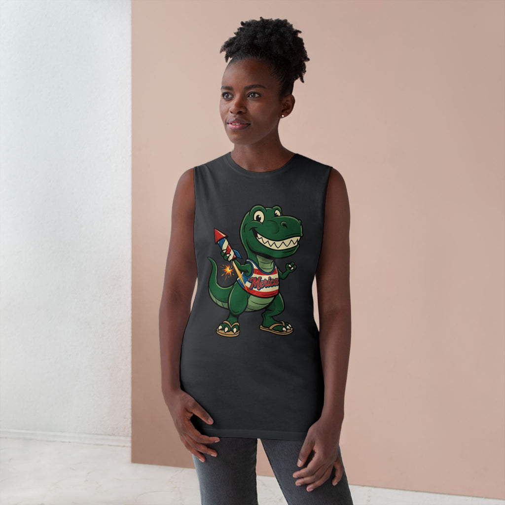Patriotic Dino Tank Top — T-Rex Holding Firework Muscle Tee